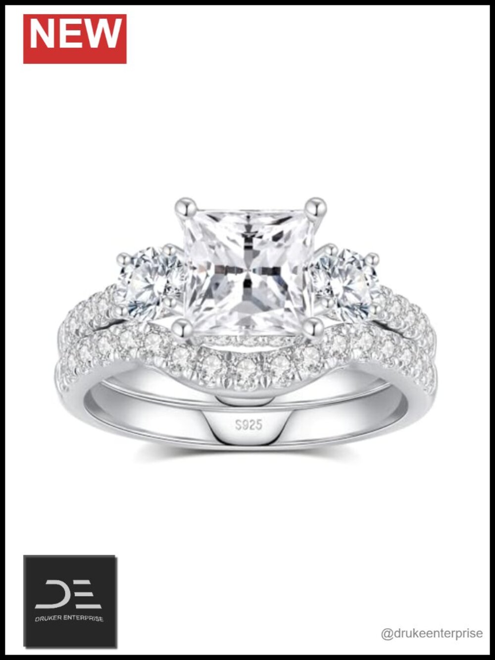 Princess Cut Moissanite Wedding Ring Set 925 Sterling Silver 18K White Gold